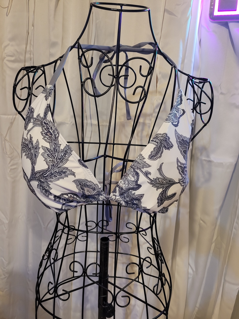 Amazon White and Black Paisley Halter Bikini Top
